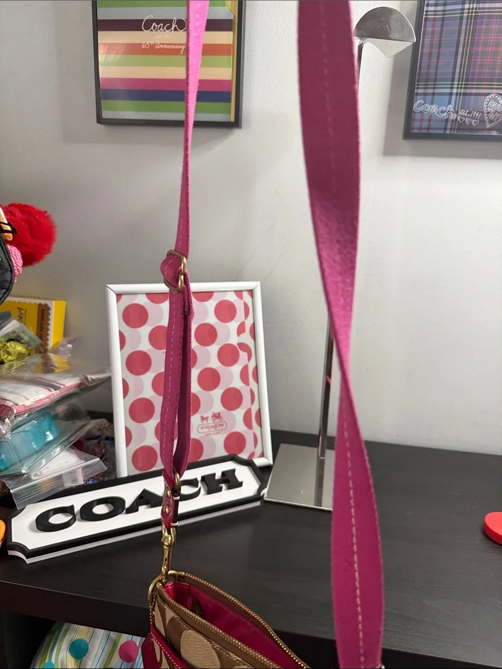 Coach Vintage Signature Stripe Canvas Crossbody with Pink Leather Trim